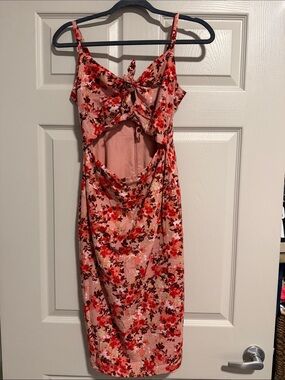 Wayf Pink Floral Tie-Front Cutout Midi Dress